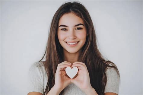 Cute Brunette Woman Shows Heart Gesture I Love You Sign Smiling