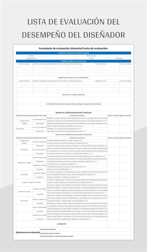 Plantilla De Excel Lista De Evaluaci N Del Desempe O Del Dise Ador Y