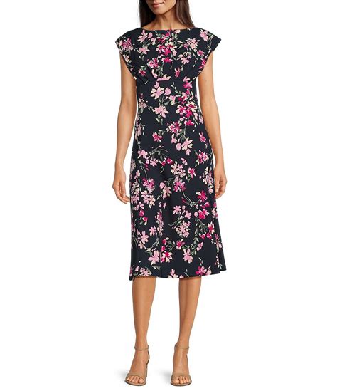 Calvin Klein Short Sleeve Boat Neck Floral Scuba Crepe Midi Dress