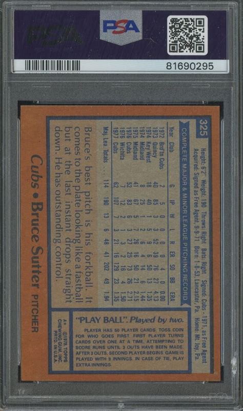 1978 Topps 325 Bruce Sutter Chicago Cubs HOF PSA 10 GEM MINT EBay