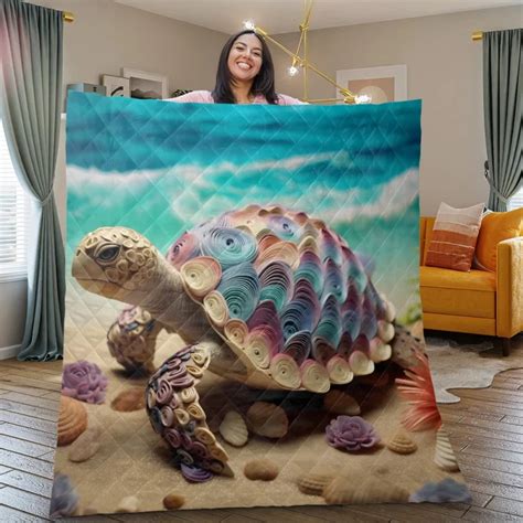 Turtle Adorned With Flowers Quilt Blanket