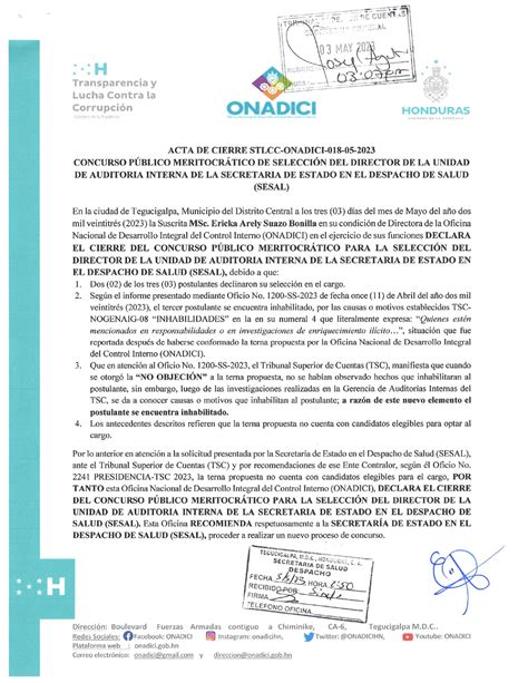 Acta De Cierre Stlcc Onadici De La Secretar A De Estado En