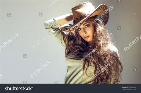 Beautiful Brunette Cowgirl Posing Studio Wearing Stock Photo 209036968 Shutterstock