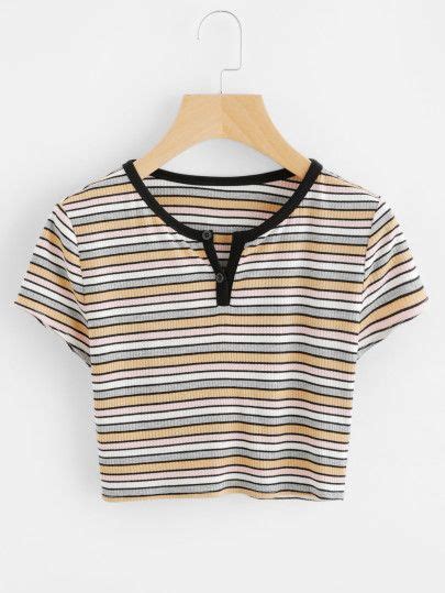 Contrast Neck Rib Knit Crop Striped Tee Shein Sheinside Fashion