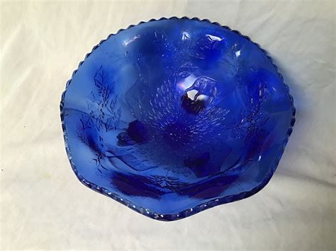 Vintage Cobalt Blue Glass Bowl With Holly And Deer And Etsy