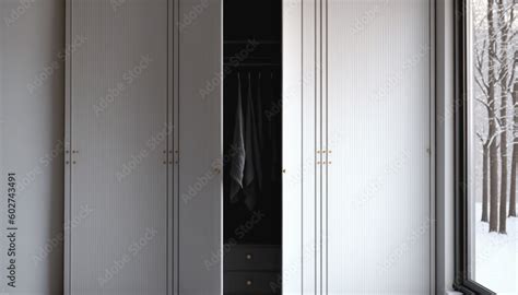 Minimalist Wardrobe With Open Door And Clothes Inside By Window AI