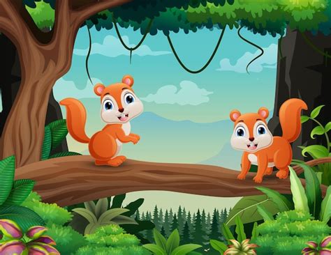 Premium Vector Cute Two Squirrels Enjoying On Tree Branch