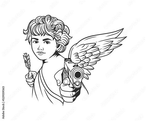 Beautiful Face Cupid Angel With Wings Pointing Gun And Holding Arrow