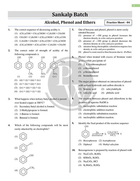 Alcohol Phenol And Ethers Practice Sheet Solution Of Lecture