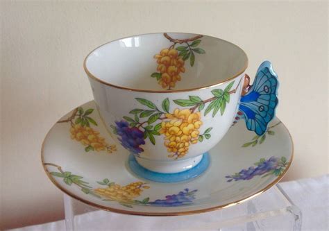 Vintage Art Deco Aynsley Porcelain Blue Butterfly Handle And Flowers Cup