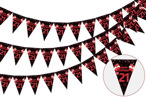 3 Pack 21st Happy Birthday Bunting Banner 36 Pieces Triangle Flag Red