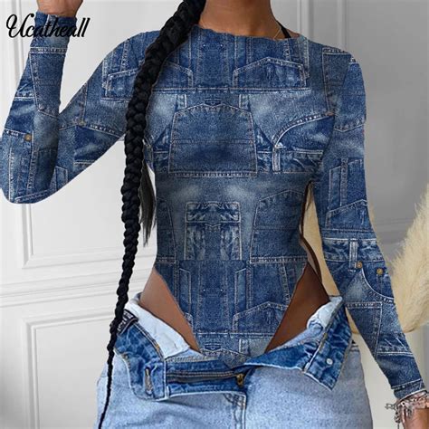 Denim Patterned Bodysuits Fashion Print Long Sleeve Bodysuit Overalls