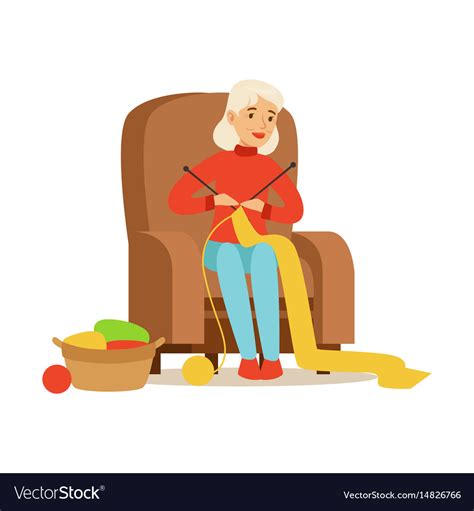 Grandmother Knitting Scarf Sitting In A Chair Vector Image