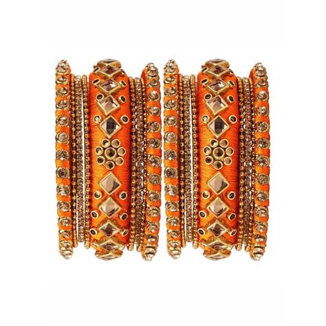 Arendelle Orange Traditional Indian Silk Thread Bangles Kundan Design