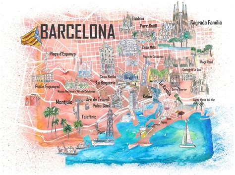 Barcelona Illustrated Travel Map With Main Roads Landmarks Etsy In