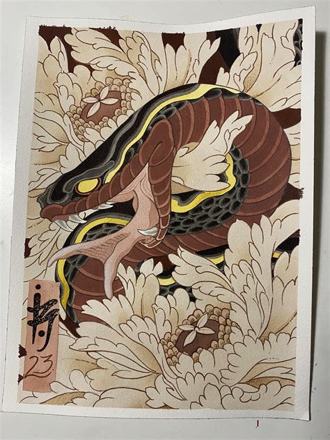 Snake And Peonies Rdrawing