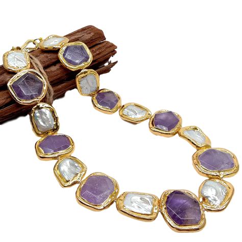 Cultured Rectangle White Keshi Pearl Amethyst With Gold Plated Edge