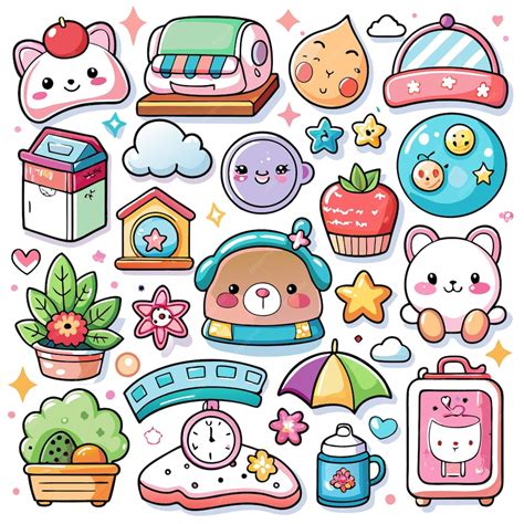 Cute Cartoon Sticker Set With Characters Plants And Objects Premium