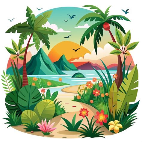 Premium Vector Tropical Sunset Landscape With Palm Trees And Flowers