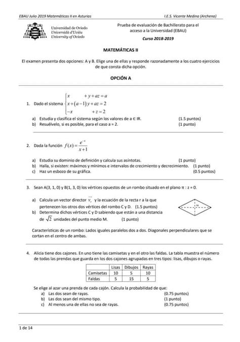 EBAU Matemáticas Asturias Exámenes y Soluciones 2024