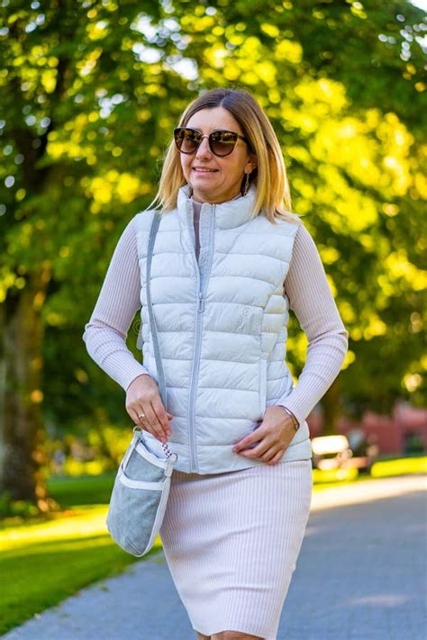 Beautiful Mature Woman Walking In City Park Stock Image Image Of Fashionable Freedom