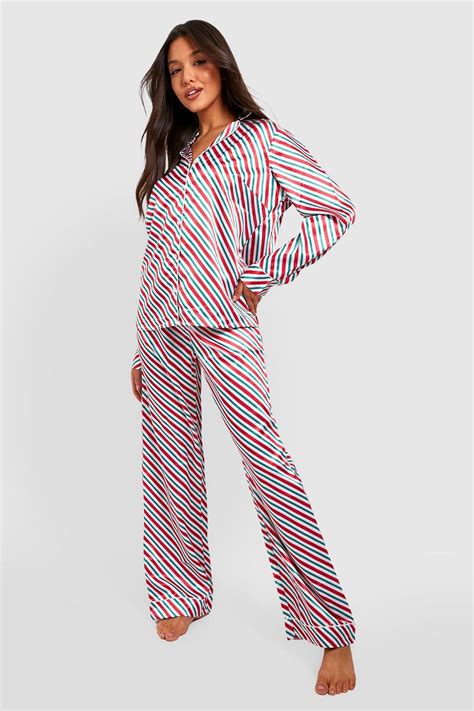 Christmas Candy Cane Stripe Satin Pyjama Trouser Set Boohoo Uk