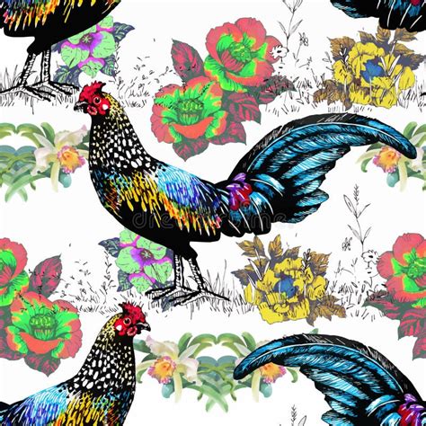 Seamless Watercolor Pattern With Farm Roosters Silhouettes And Flowers