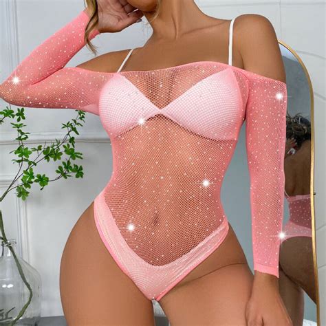 Damen Mesh Top Netz Body Unterwäsche Sexy Schimmernde Durchsichtige