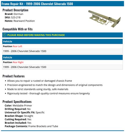 1999 2006 Chevrolet Silverado 1500 Frame Repair Kit Dorman 523 218