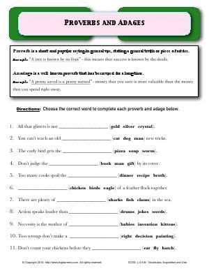 Worksheet Proverbs And Adages Choose The Correct Word From The