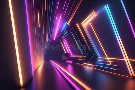 Wall With Neon Led Light Shapes Abstract Dark Glow Background 3d