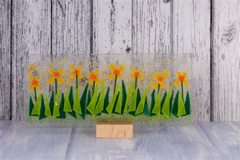 Daffodil Flower Fused Glass Sun Catcher Panel With Cherry Wood Etsy