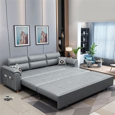 74" Light Gray Full Sleeper Convertible Sofa with Storage & Pockets ...