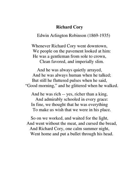 Richard cory poem analysis. The Poem Richard Cory By Edwin Robinson ...