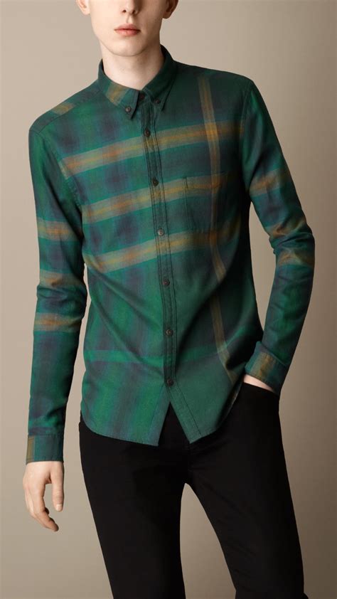 Burberry Ombre Check Cotton Shirt In Green For Men Dark Forest Green