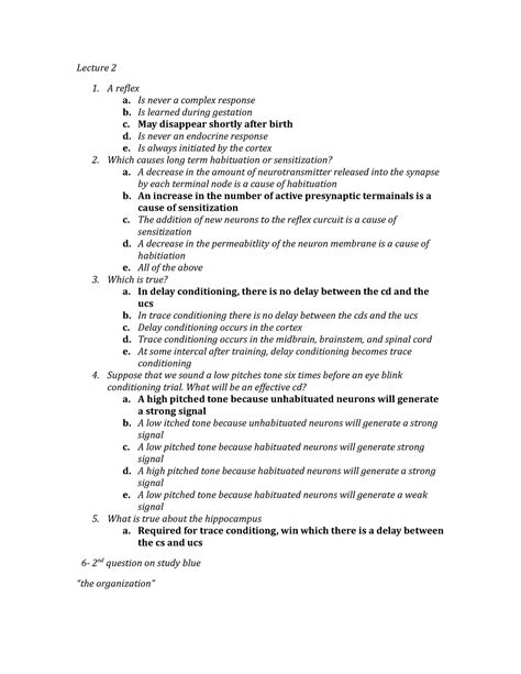 Clicker Questions Lecture 2 1 A Reflex A Is Never A Complex Response B Is Learned During