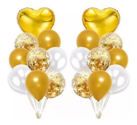 Set Globos Corazon Metalizado Transparente Confetti Dorado Mercadolibre