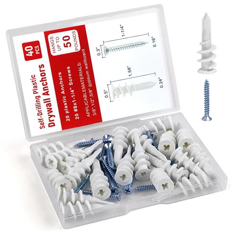 #8 Drywall Anchors, 40Pcs Wall Anchors and Screws for Drywall, Plastic ...