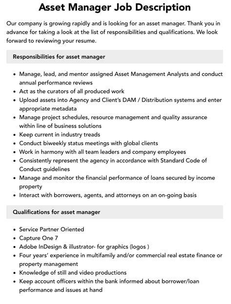 Asset Manager Job Description Velvet Jobs