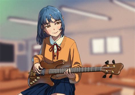 Safebooru 1girl Absurdres Bangs Bass Guitar Blue Hair Blue Skirt Blurry Blurry Background