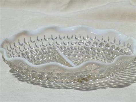 Moonstone Opalescent Glass Relish Dish Vintage Hobnail Pattern Divided Bowl