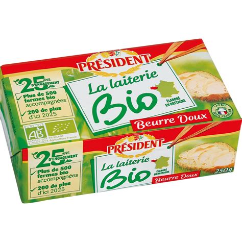 Beurre Doux Bio PRESIDENT la plaquette de 250 g à Prix Carrefour