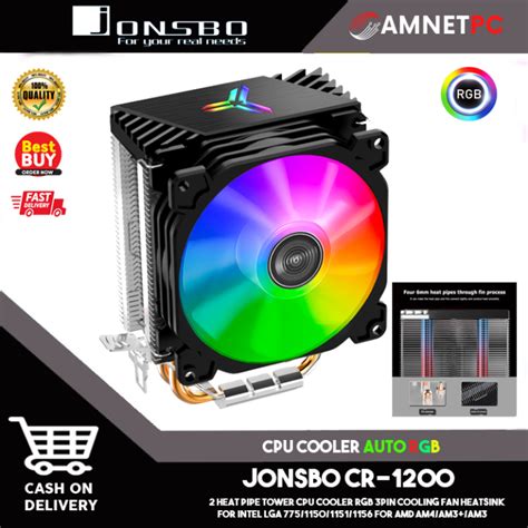 Amnetpc Jonsbo Cr 1200 Cpu Cooler Fan Rgb 3pin 2 Heat Pipe Tower Automatic Lighting Cooling Fans