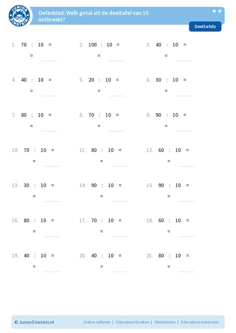 Oefenblad Welk Getal Uit De Deeltafel Van 10 Ontbreekt