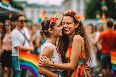 Premium AI Image Gay Female Couple Smiling Together At The Pride Parade Celebrating Love