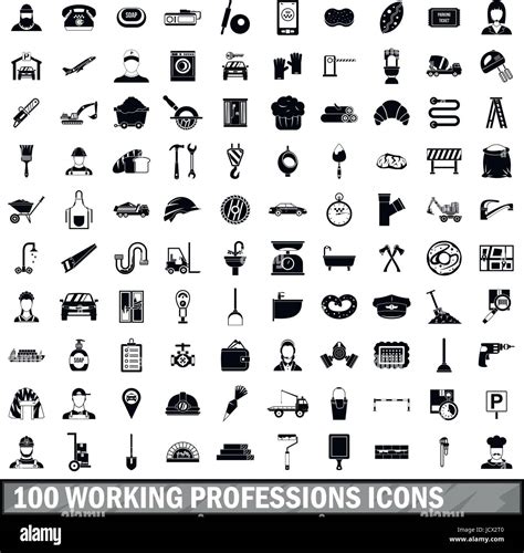 100 Working Professions Icons Set Simple Style Stock Vector Image