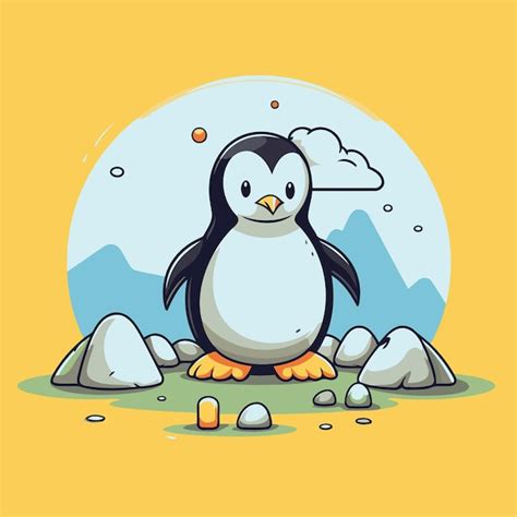 Pinguim bonito sentado na rocha Ilustração de desenho animado vetorial