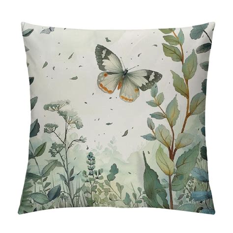 Awypu Eucalyptus Leaves Throw Pillow Covers Sage Green Leaf Butterfly