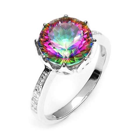 4 3ct Round Natural Rainbow Fire Mystic Topaz Ring Genuine 925 Sterling