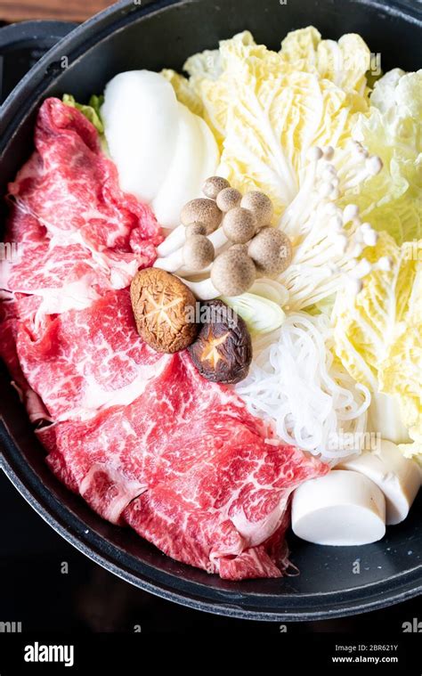 Japanese Wagyu Beef Sukiyaki Set Ready To Cook Stock Photo Alamy